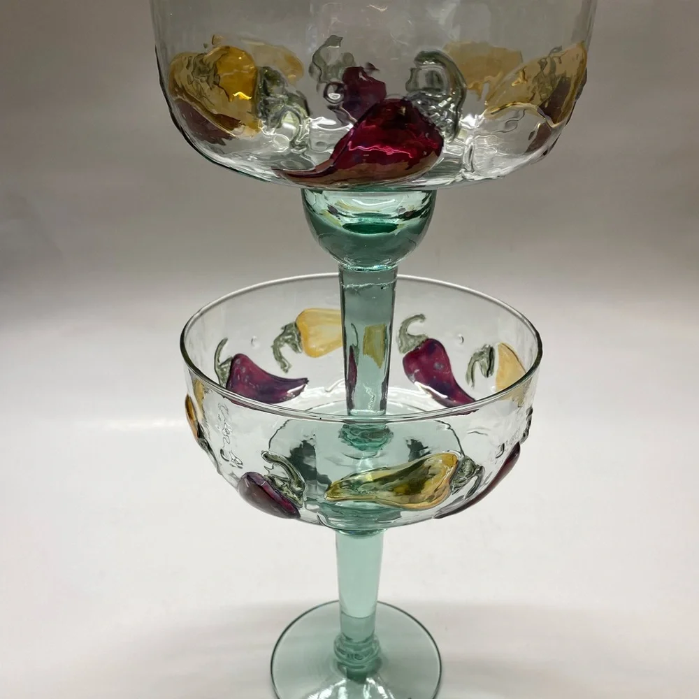 Artisanal Hand Blown Mexican Margarita Glasses Chili Pepper Motif Vintage ‘90s